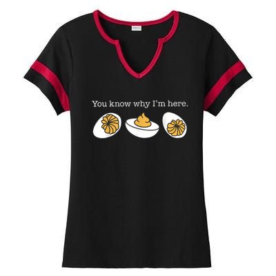 Retro Thanksgiving Dinner You Know Why IM Here Deviled Egg Ladies Halftime Notch Neck Tee