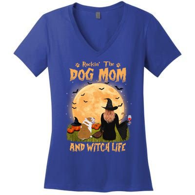 Rocking The Dog Mom And Witch Life English Bulldog Halloween Great Gift Women's V-Neck T-Shirt