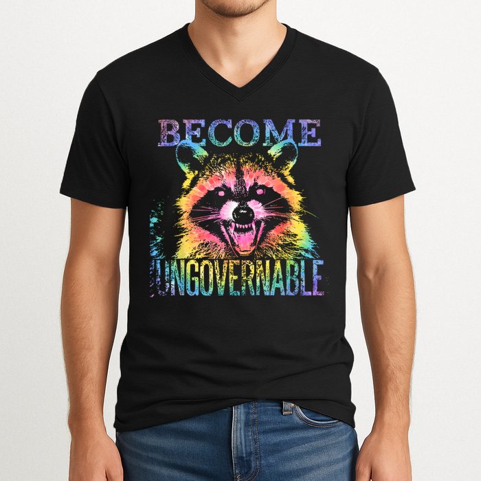 Retro Tie Dye Raccoon Become Ungovernable Funny Apparel  V-Neck T-Shirt