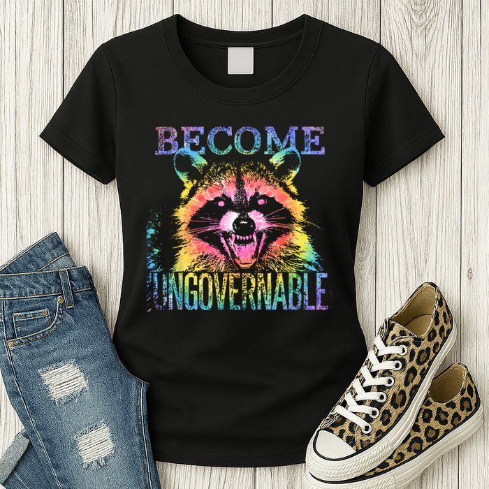 Retro Tie Dye Raccoon Become Ungovernable Funny Apparel  Womens T-Shirt