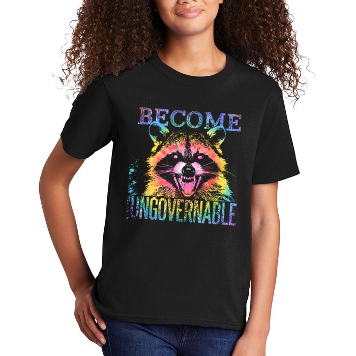 Retro Tie Dye Raccoon Become Ungovernable Funny Apparel  Kids T-Shirt