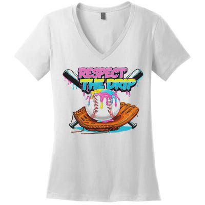 Respect The Drip Baseball Bat Glove Ice Cream Drip Women's V-Neck T-Shirt