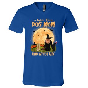 Rocking The Dog Mom And Witch Life Pug Halloween Gift V-Neck T-Shirt