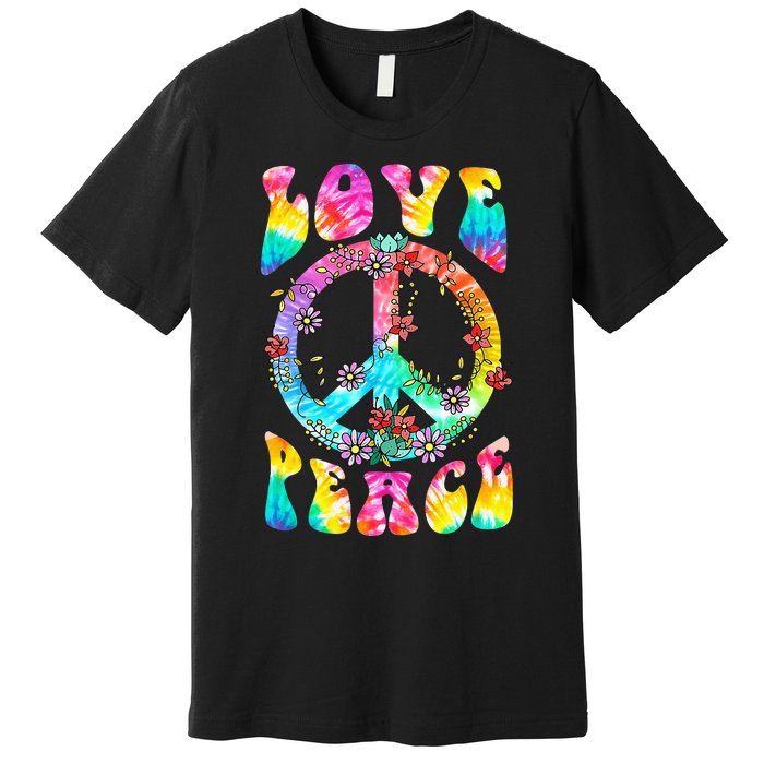 Retro Tie Dye Hippie Costume with Peace Sign and Love Premium T-Shirt