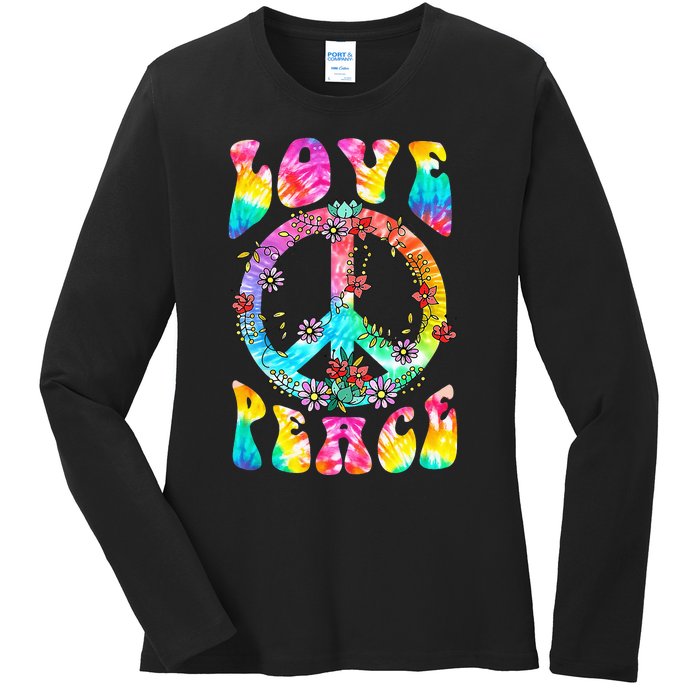 Retro Tie Dye Hippie Costume with Peace Sign and Love Ladies Long Sleeve Shirt