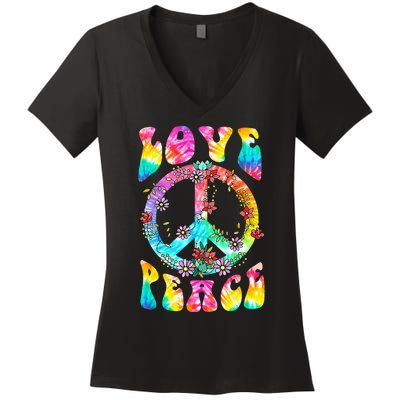 Retro Tie Dye Hippie Costume with Peace Sign and Love Women's V-Neck T-Shirt