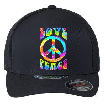 Retro Tie Dye Hippie Costume with Peace Sign and Love Flexfit Unipanel Trucker Cap