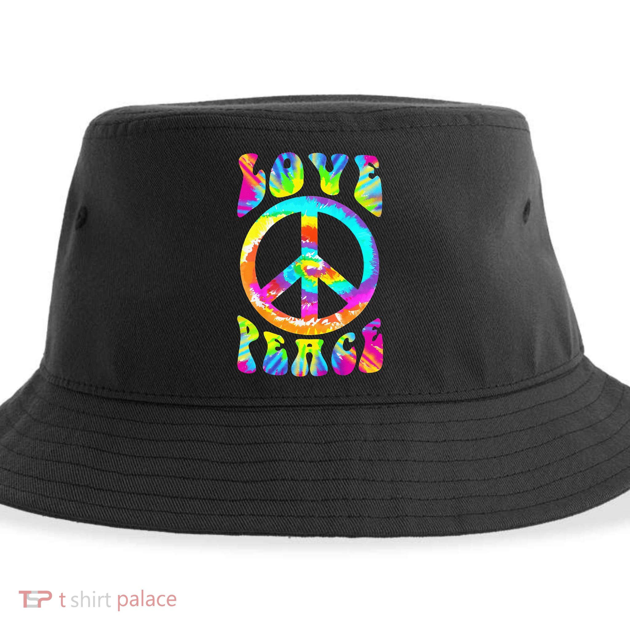 Retro Tie Dye Hippie Costume with Peace Sign and Love Sustainable Bucket Hat