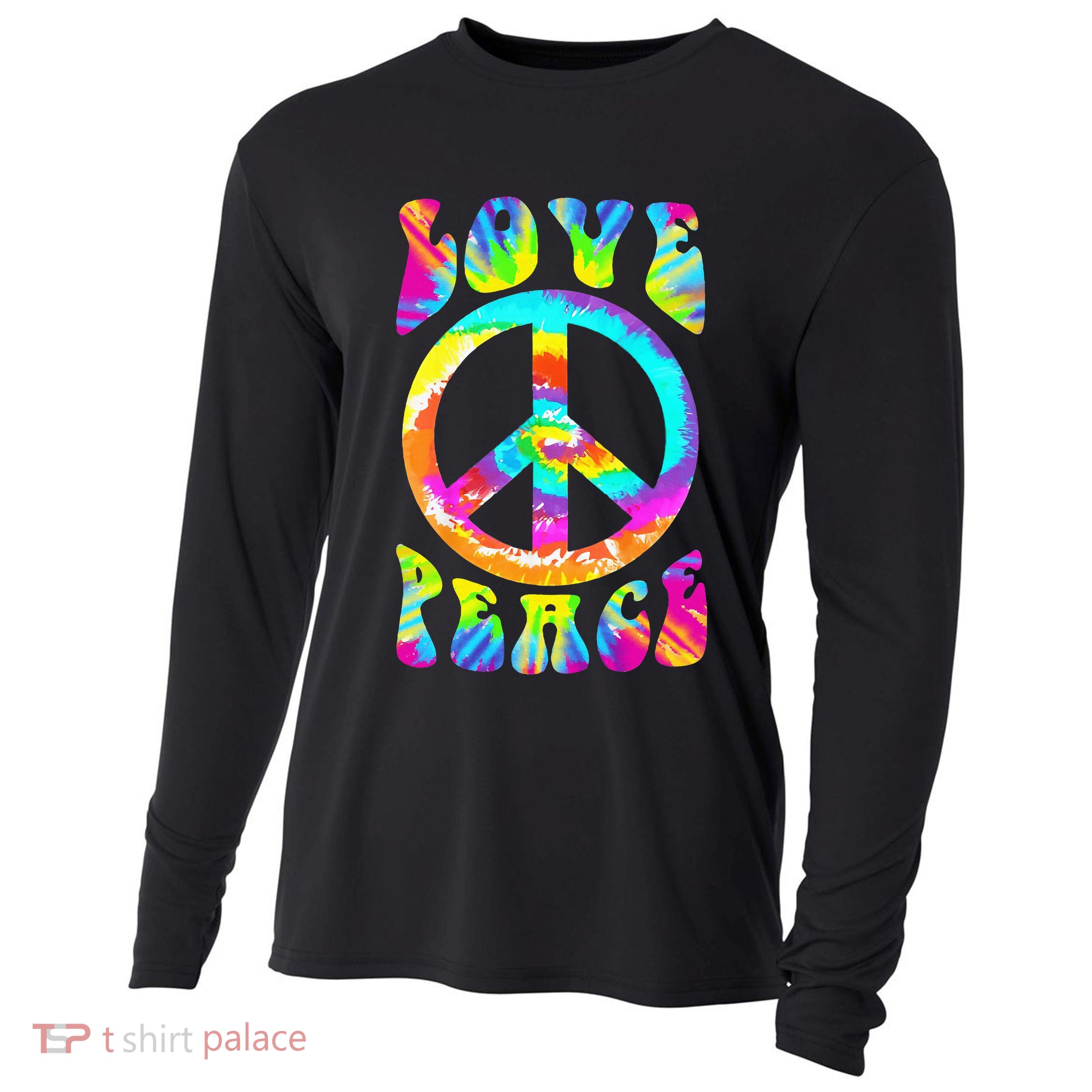 Retro Tie Dye Hippie Costume with Peace Sign and Love Cooling Performance Long Sleeve Crew