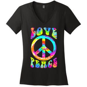 Retro Tie Dye Hippie Costume with Peace Sign and Love Women's V-Neck T-Shirt