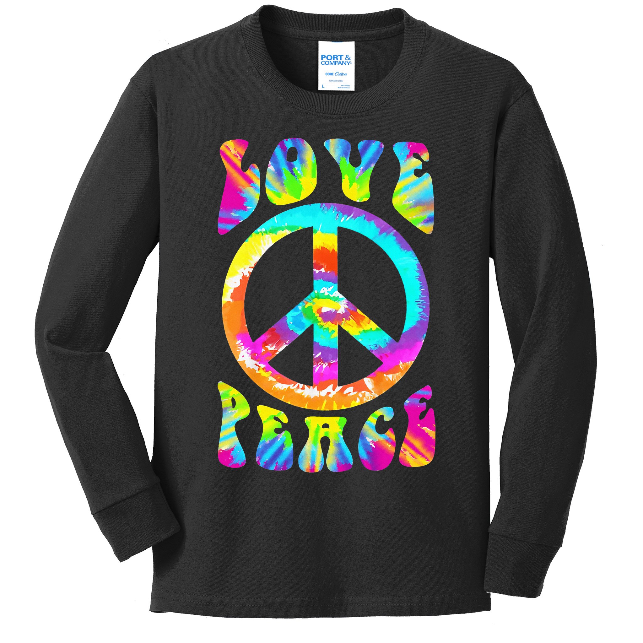 Retro Tie Dye Hippie Costume with Peace Sign and Love Kids Long Sleeve Shirt