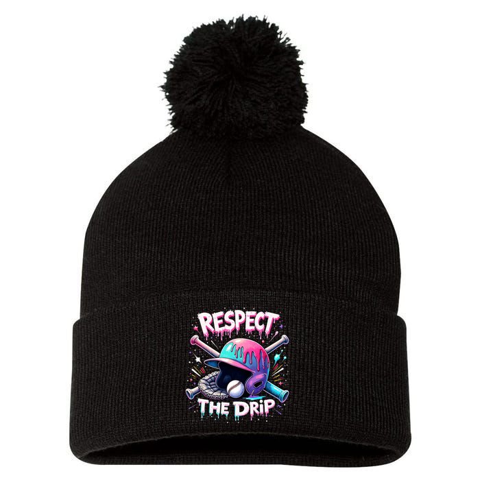 Respect The Drip Baseball Ice Cream Drip Vibes Squad  Pom Pom 12in Knit Beanie