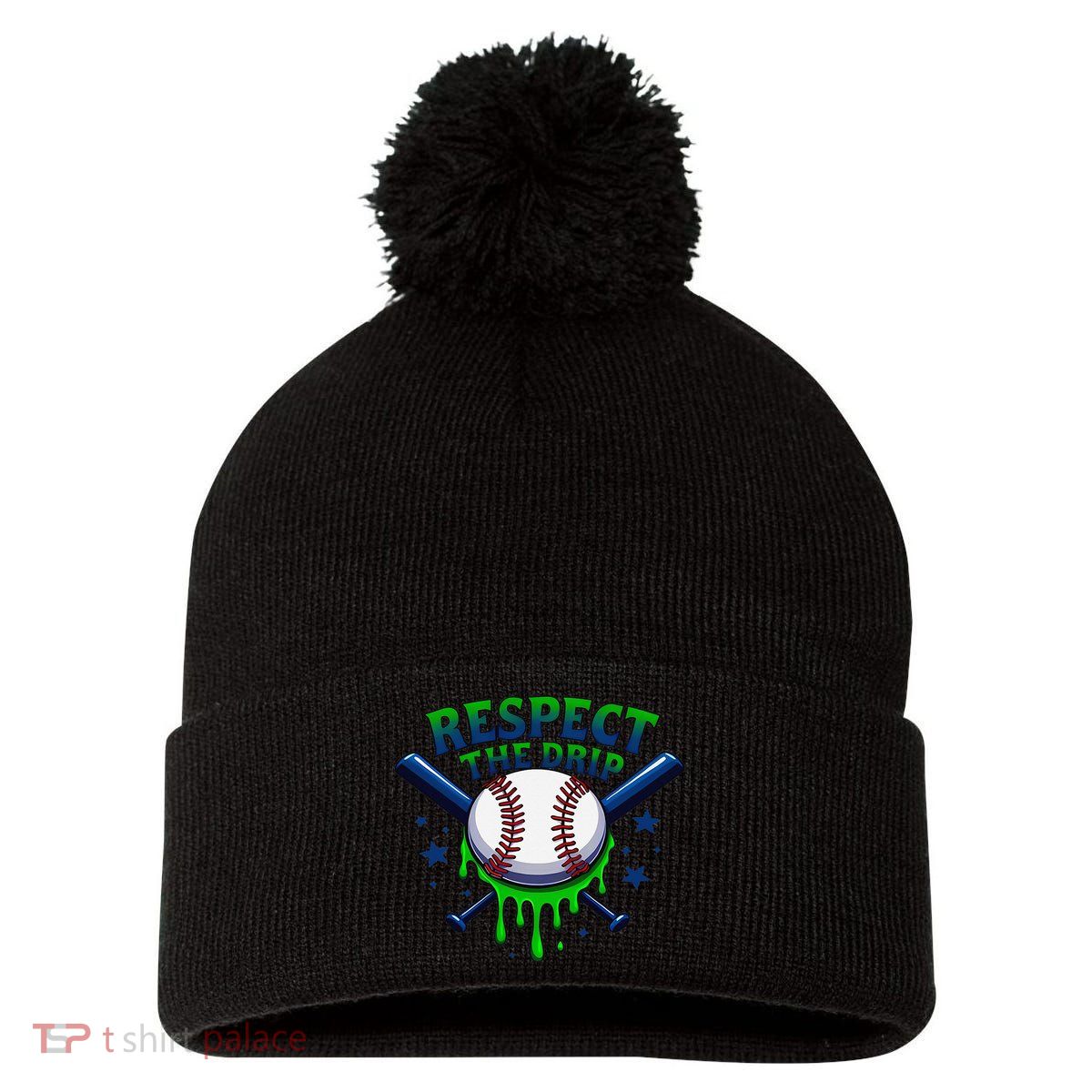 Respect The Drip Baseball Home Plate Ice Cream Dripping Pom Pom 12in Knit Beanie