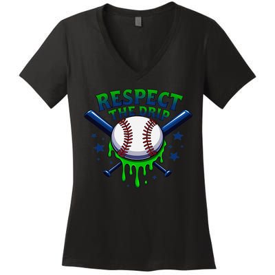 Respect The Drip Baseball Home Plate Ice Cream Dripping Women's V-Neck T-Shirt