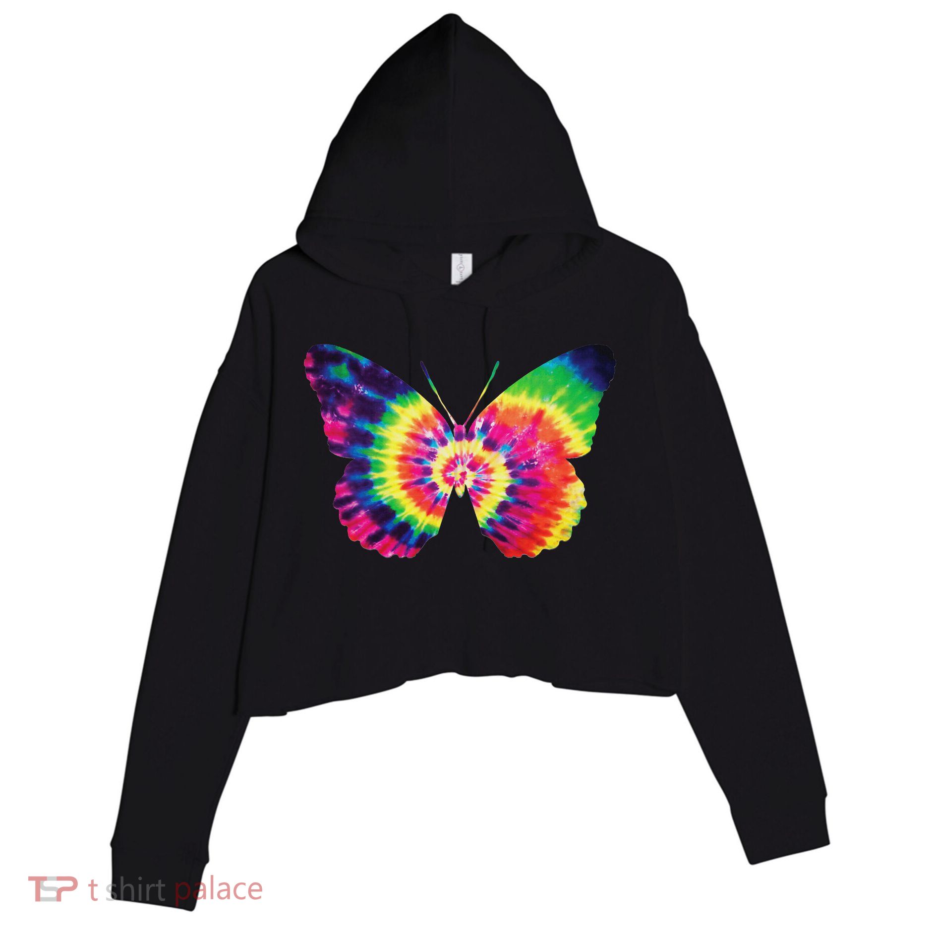 Rainbow Tie Dye Butterfly Tye Die Look Cool Crop Fleece Hoodie