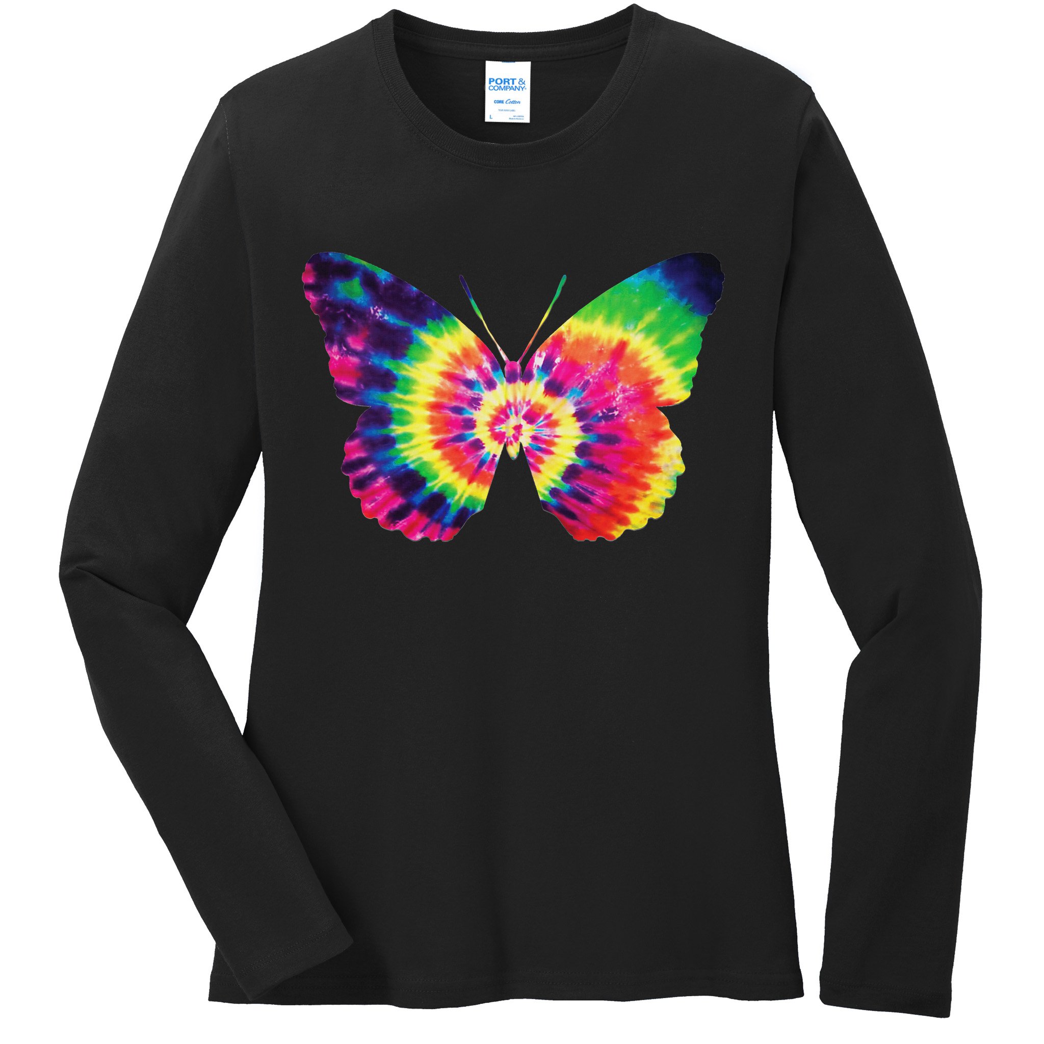 Rainbow Tie Dye Butterfly Tye Die Look Cool Ladies Long Sleeve Shirt