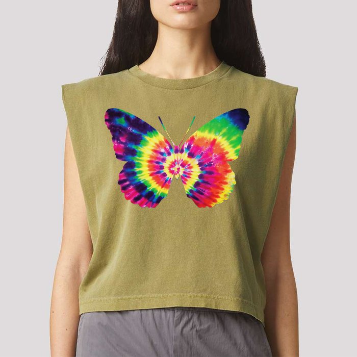 Rainbow Tie Dye Butterfly Tye Die Look Cool Garment-Dyed Women's Muscle Tee