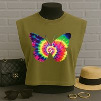 Rainbow Tie Dye Butterfly Tye Die Look Cool Garment-Dyed Women's Muscle Tee