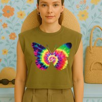 Rainbow Tie Dye Butterfly Tye Die Look Cool Garment-Dyed Women's Muscle Tee