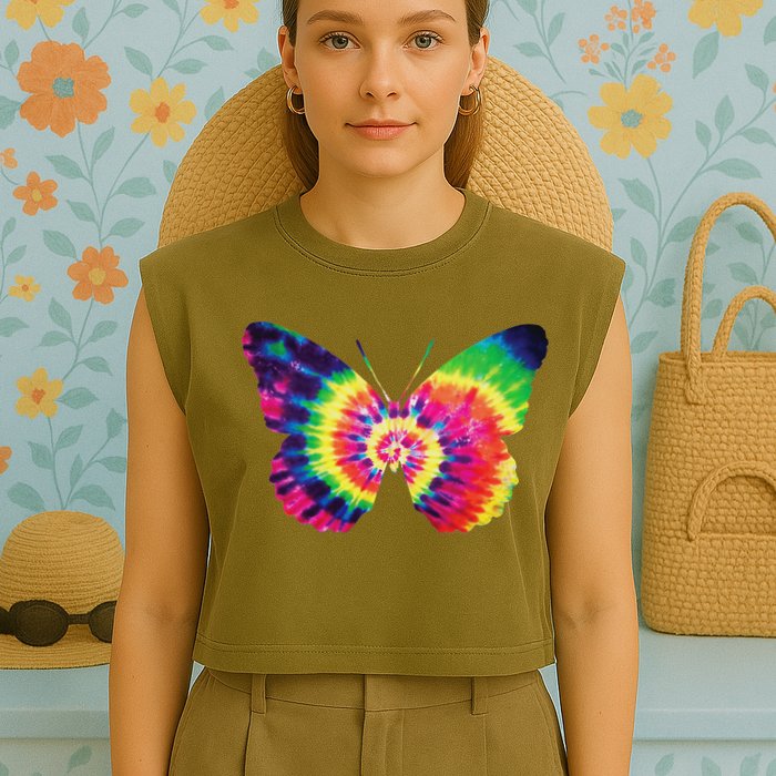Rainbow Tie Dye Butterfly Tye Die Look Cool Garment-Dyed Women's Muscle Tee