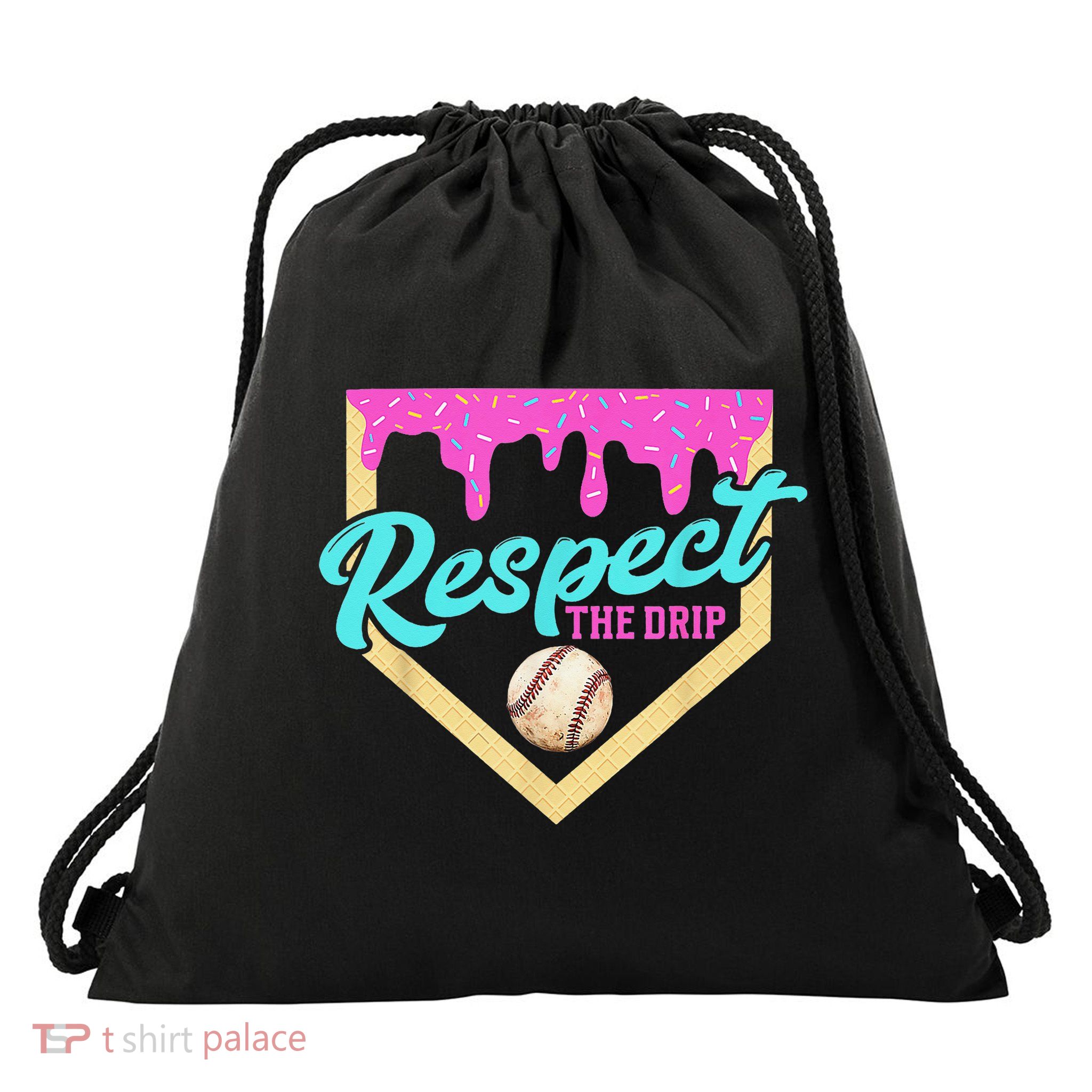 Respect The Drip Baseball Home Plate Ice Cream Dripping Drawstring Bag