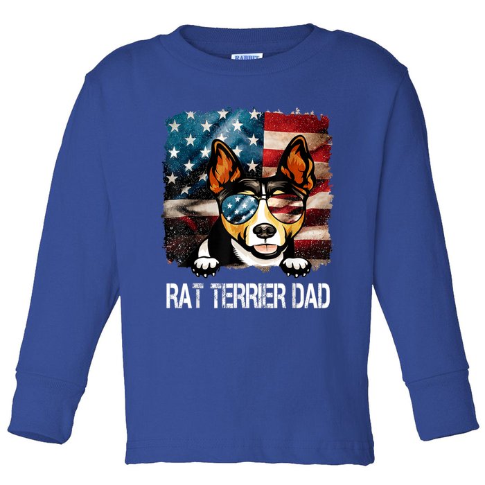 Rat Terrier Dad American Flag 4th Of July Dog Fathers Day Gift Toddler Long Sleeve Shirt