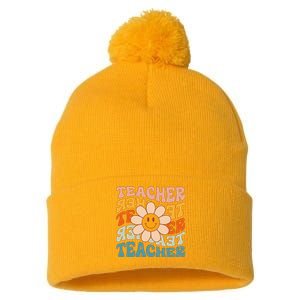 Retro Teacher Daisy Colorful Elementary School Teacher Pom Pom 12in Knit Beanie