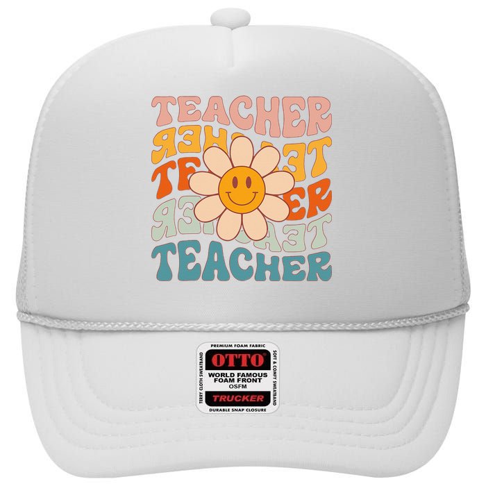 Retro Teacher Daisy Colorful Elementary School Teacher High Crown Mesh Back Trucker Hat