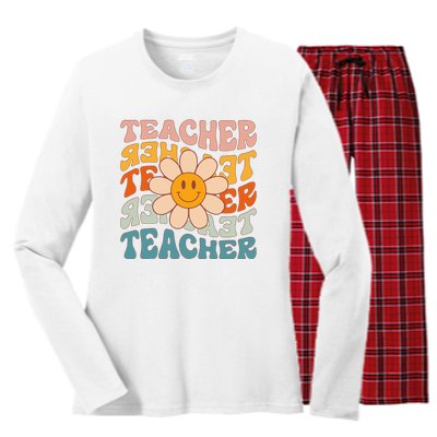 Retro Teacher Daisy Colorful Elementary School Teacher Women's Long Sleeve Flannel Pajama Set 