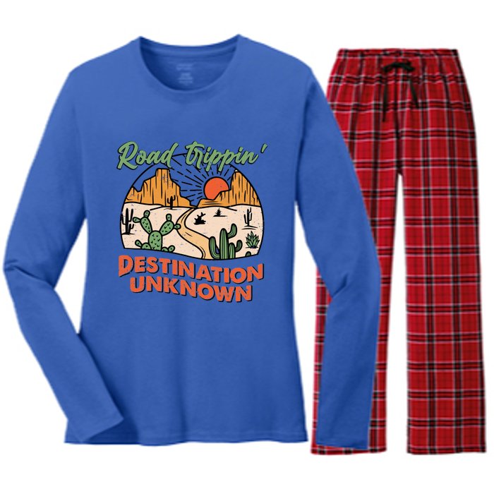 Road Trippin Destination Unknown Wanderlust Travel Western Funny Gift Women's Long Sleeve Flannel Pajama Set 