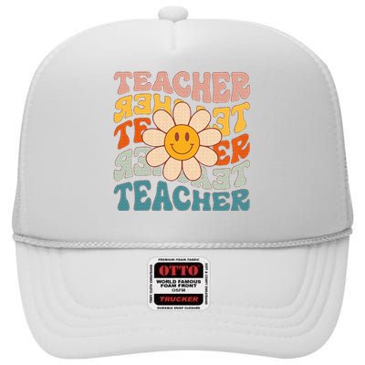 Retro Teacher Daisy Colorful Elementary School Teacher High Crown Mesh Back Trucker Hat