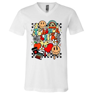 Retro Teacher Daisy Colorful Elementary School Teacher V-Neck T-Shirt