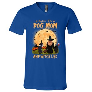 Rocking The Dog Mom And Witch Life Boston Terrier Halloween Gift V-Neck T-Shirt