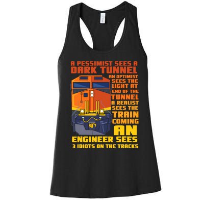 Railroad Train Engineer Sees 3 Idiots On The Tracks Women's Racerback Tank