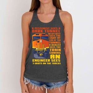 Railroad Train Engineer Sees 3 Idiots On The Tracks Women's Knotted Racerback Tank