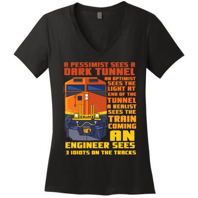 Railroad Train Engineer Sees 3 Idiots On The Tracks Women's V-Neck T-Shirt