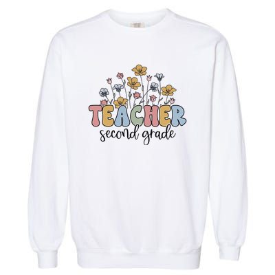 Retro Teacher End Of The Yearwildflower Teacher Second Grade Cool Gift Garment-Dyed Sweatshirt