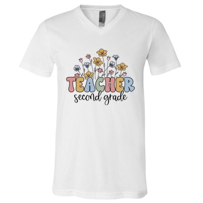 Retro Teacher End Of The Yearwildflower Teacher Second Grade Cool Gift V-Neck T-Shirt