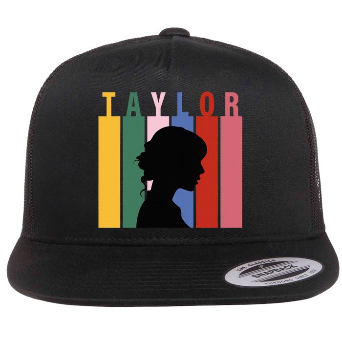 Retro Taylor First Name Personalized Groovy Birthday Girl Flat Bill Trucker Hat