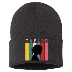 Retro Taylor First Name Personalized Groovy Birthday Girl Sustainable Knit Beanie