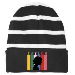 Retro Taylor First Name Personalized Groovy Birthday Girl Striped Beanie with Solid Band