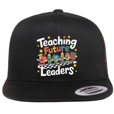 Retro Teaching Future Leaders Teacher 100 Days Of School Flat Bill Trucker Hat