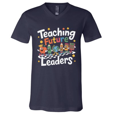 Retro Teaching Future Leaders Teacher 100 Days Of School V-Neck T-Shirt