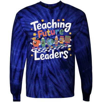 Retro Teaching Future Leaders Teacher 100 Days Of School Tie-Dye Long Sleeve Shirt