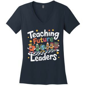 Retro Teaching Future Leaders Teacher 100 Days Of School Women's V-Neck T-Shirt