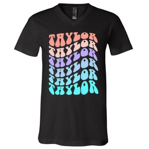 Retro TAYLOR First Name Birthday V-Neck T-Shirt