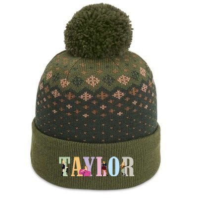 Retro Taylor First Name Personalized Groovy Birthday Girl The Baniff Cuffed Pom Beanie