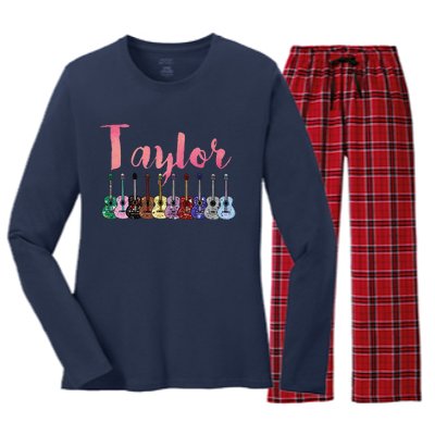 Retro Taylor First Name Personalized Groovy Birthday Women's Long Sleeve Flannel Pajama Set 