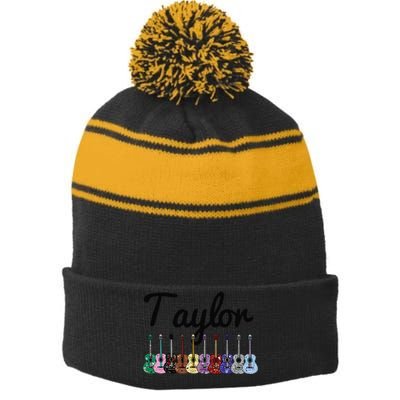 Retro Taylor First Name Personalized Groovy Birthday Stripe Pom Pom Beanie