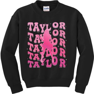 Retro Taylor First Name Personalized Groovy 80S Pin.K Kids Sweatshirt